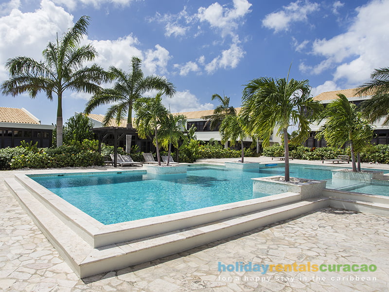 Tropischer Swimmingpool, blaue Bucht, umgeben von Palmen